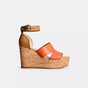 Coach Isla Orange & Tan Leather Cork Platform Wedge Sandals sz 9 NWOT